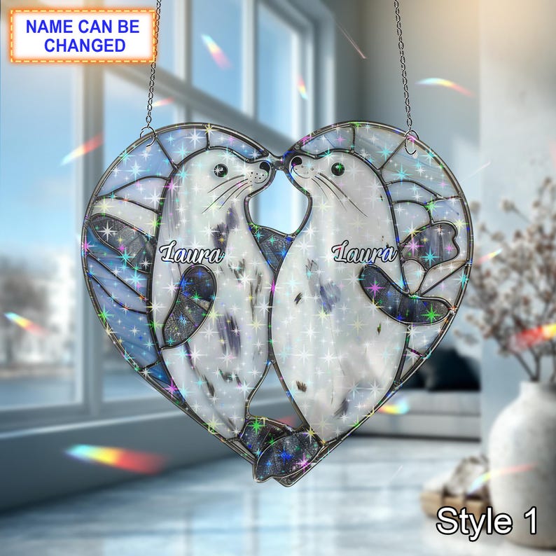 Seal Heart Hologram Acrylic Window Hanging Stained Glass Inspired Holographic Animal Heart Suncatcher Retro Ocean Decor Gift
