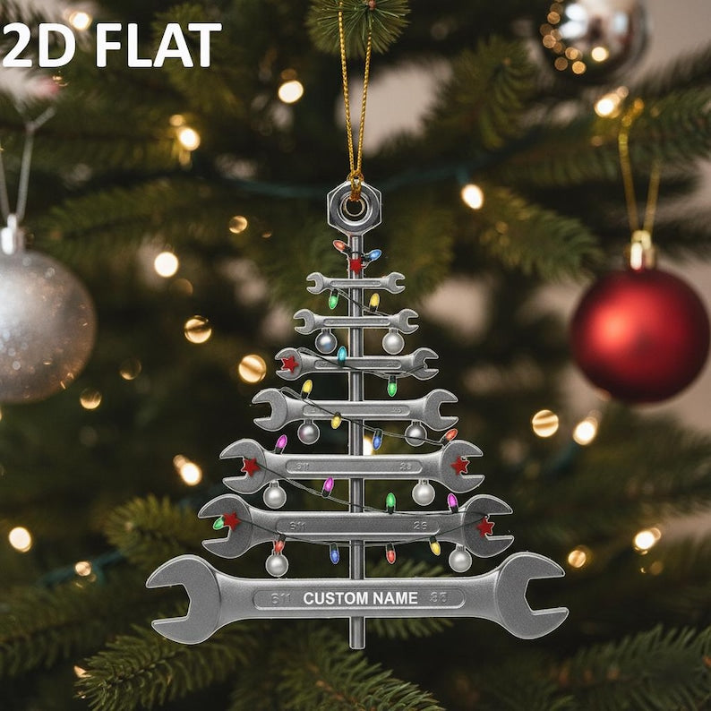 Personalized Wrench Christmas Tree 2D FLAT Ornament, Custom Mechanic Holiday Decoration, Unique Tool Garage Xmas Gift for Him