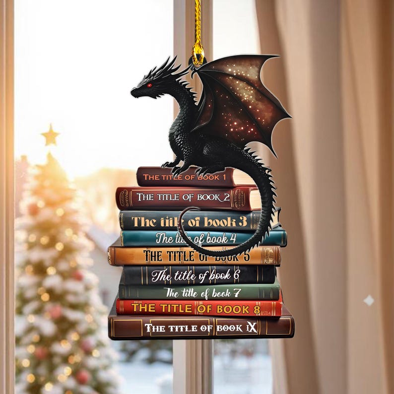 Custom Fantasy Dragon On Books Ornament, Personalized Book Stack Christmas Gift For Readers 2025 Book Ornament Tree Decor