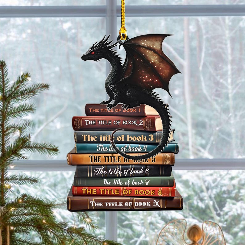 Custom Fantasy Dragon On Books Ornament, Personalized Book Stack Christmas Gift For Readers 2025 Book Ornament Tree Decor