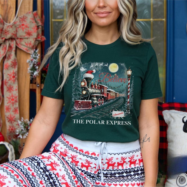 Custom Name Polar Express Family Vacation Shirts, Xmas Crewneck shirt, Believe Christmas Pajamas for Family, Polar Express Train Shirt