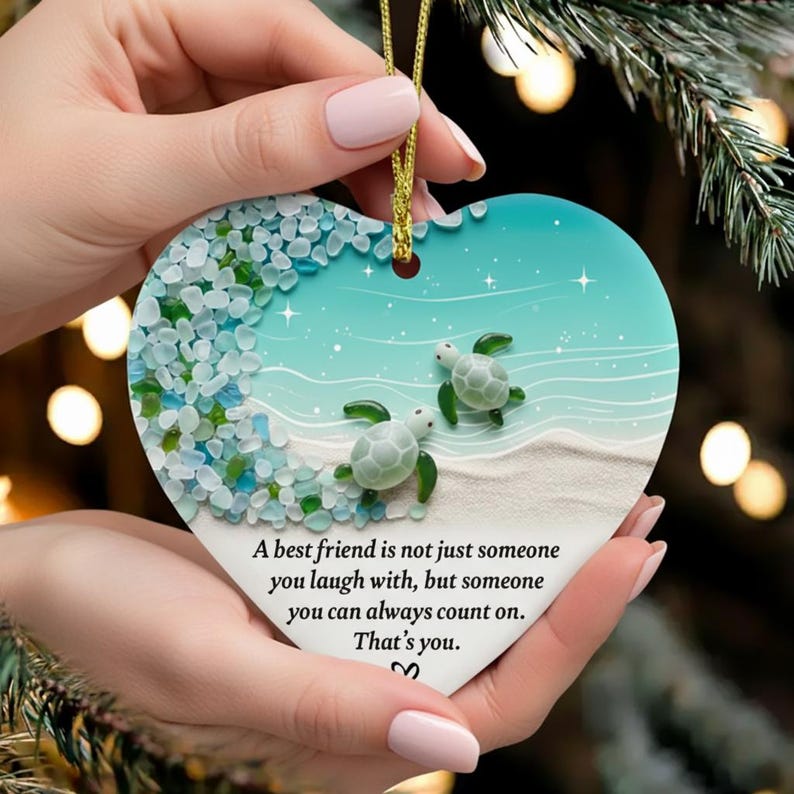 Personalized Sea Glass Heart Ornament Best Friend Quote Keepsake with Turtle Design Christmas Tree Hanging Decor Gift for Friends