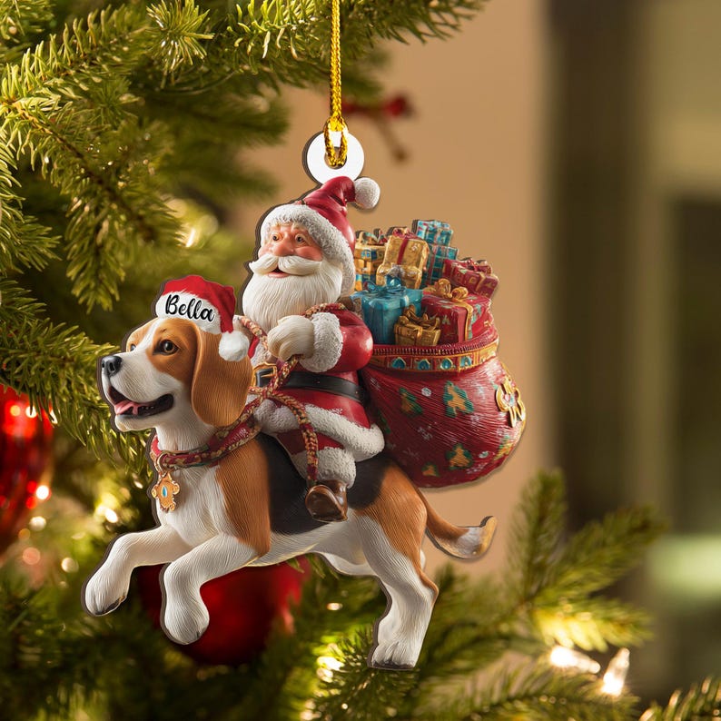 Personalized Beagle Dog and Santa Christmas Wood Ornament, Flat 2D Holiday Tree Decor Gift Dog Lover, Families Pet Keepsakef