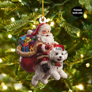 Personalized Bichon Frise Dog and Santa Christmas Wood Ornament, Flat 2D Holiday Tree Decor Gift Dog Lover, Families Pet Keepsakef