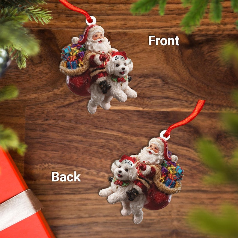 Personalized Bichon Frise Dog and Santa Christmas Wood Ornament, Flat 2D Holiday Tree Decor Gift Dog Lover, Families Pet Keepsakef
