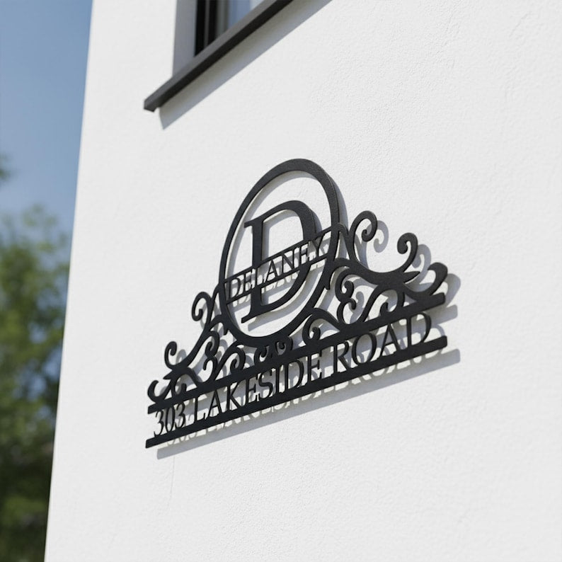 Custom Metal Address Sign: Swirly Monogram House Number Plaque