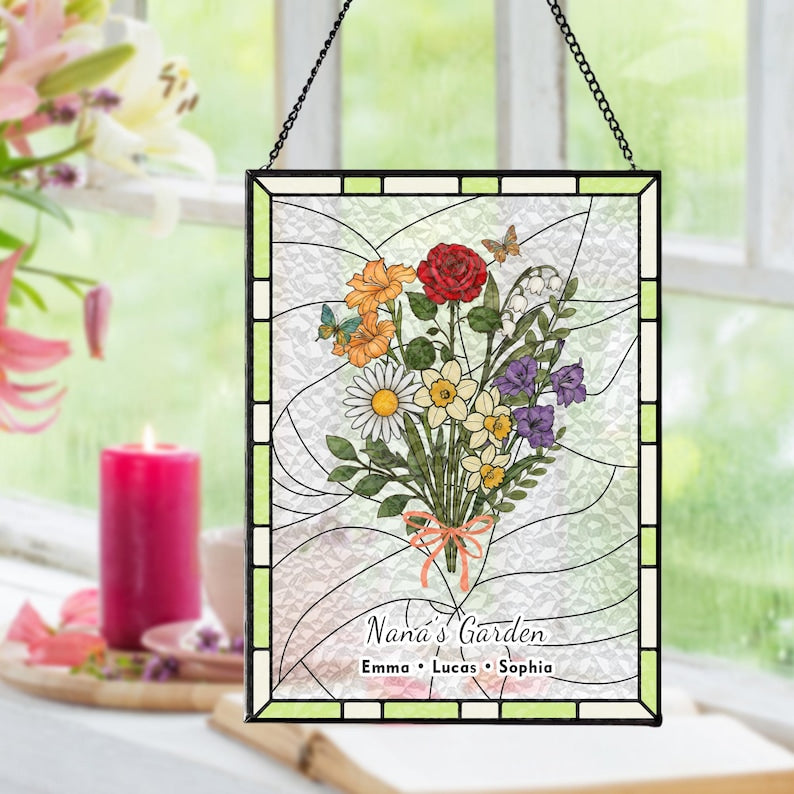 Custom Family Birth Flower Stained Glass Suncatcher | Personalized Birth Month Window Hanging Gift for Mom Grandma | Handmade Floral Decor
