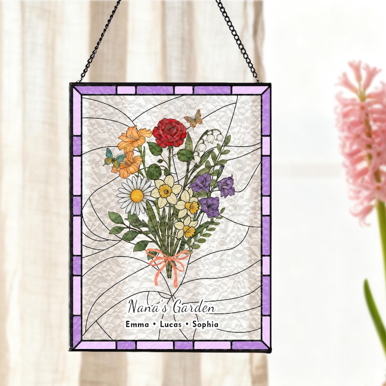 Custom Family Birth Flower Stained Glass Suncatcher | Personalized Birth Month Window Hanging Gift for Mom Grandma | Handmade Floral Decor