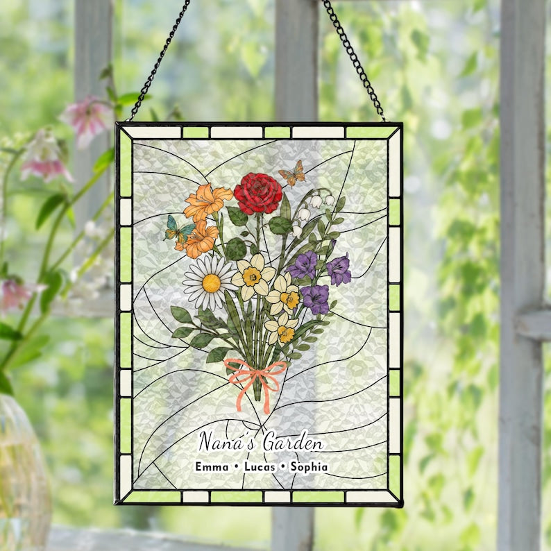 Custom Family Birth Flower Stained Glass Suncatcher | Personalized Birth Month Window Hanging Gift for Mom Grandma | Handmade Floral Decor