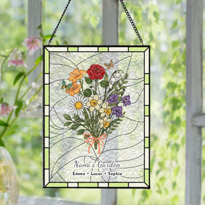 Custom Family Birth Flower Stained Glass Suncatcher | Personalized Birth Month Window Hanging Gift for Mom Grandma | Handmade Floral Decor