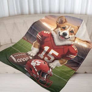 Custom Pet Sports Blanket | Personalized Dog Football Fleece Throw | Pet Portrait Stadium Decor