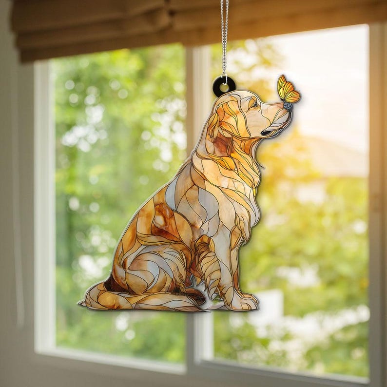 Golden Retriever ACRYLIC Suncatcher Faux Stained Glass, Dog Memorial Gift, Pet Loss Gift, Window Decor, Golden Dog Ornament with Butterfly