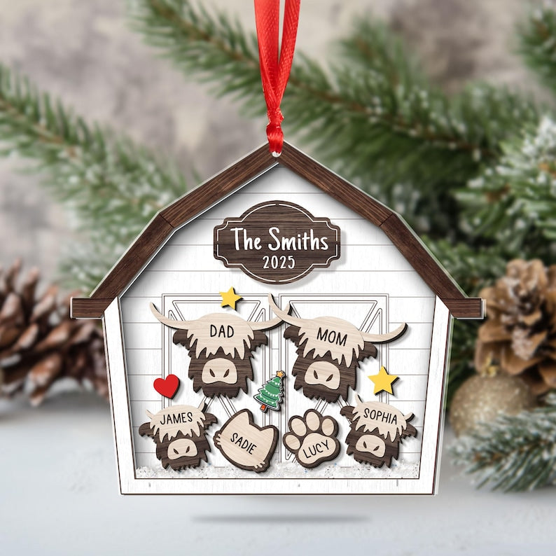 Custom Highland Cow Family Christmas Shaker Ornament 2025, Personalized Highland Cow Barn House Ornament, Family Keepsake Christmas Decor