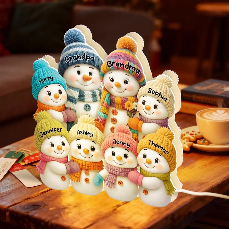 Personalized Snowman Family LED Light Box, Grandma Grandpa & Grandkids Christmas 2025 Cozy Home Decoration, Christmas Gifts for Grandparents