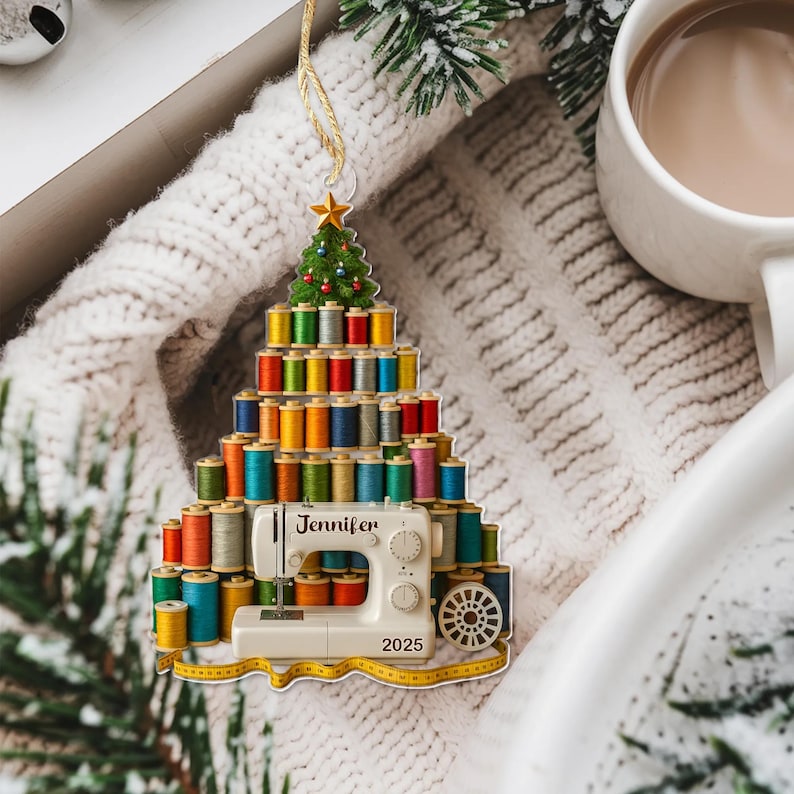 Personalized Sewing Ornament with Name & Year Thread Spools Christmas Tree Acrylic Decor Gift for Seamstress, Quilter or Sewing Lover