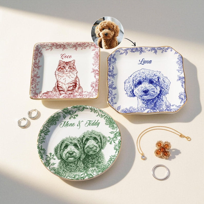 Custom Pet Portrait Jewelry Dish: Toile De Jouy Ceramic Trinket Dish
