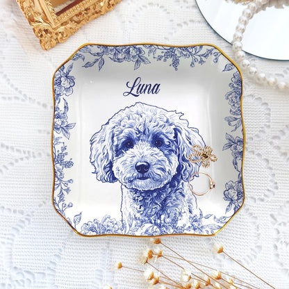 Custom Pet Portrait Jewelry Dish: Toile De Jouy Ceramic Trinket Dish