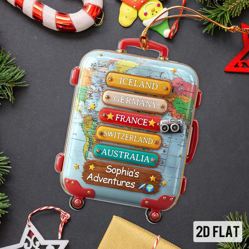 Custom Travel 2D Flat Ornament with Countries, Personalized Luggage Suitcase Christmas Tree Decor, Adventure Holiday Gift for Travel Lovers