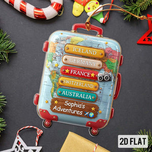 Custom Travel 2D Flat Ornament with Countries, Personalized Luggage Suitcase Christmas Tree Decor, Adventure Holiday Gift for Travel Lovers