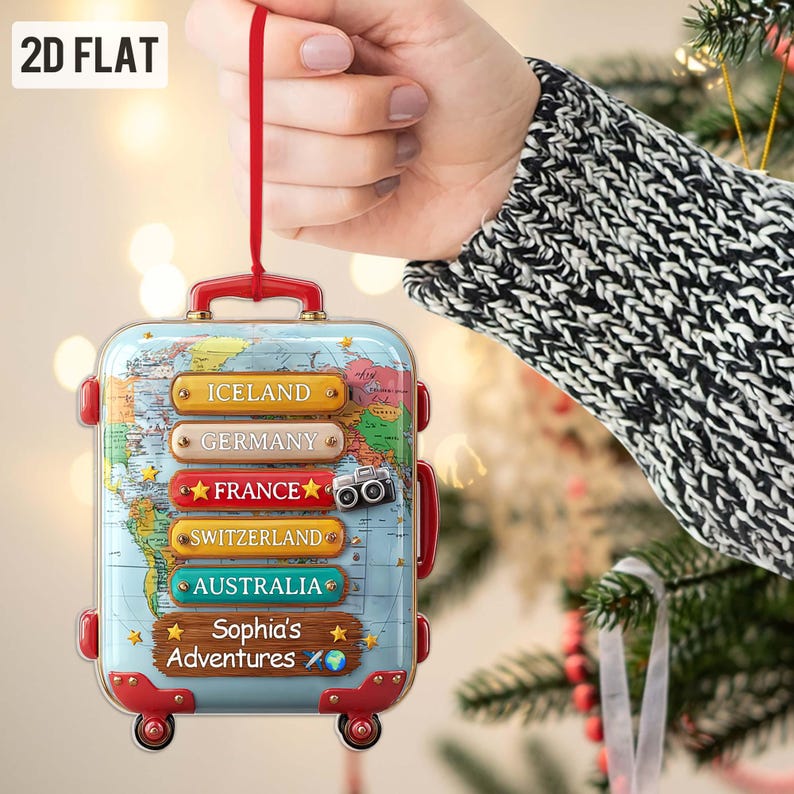 Custom Travel 2D Flat Ornament with Countries, Personalized Luggage Suitcase Christmas Tree Decor, Adventure Holiday Gift for Travel Lovers
