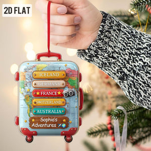 Custom Travel 2D Flat Ornament with Countries, Personalized Luggage Suitcase Christmas Tree Decor, Adventure Holiday Gift for Travel Lovers