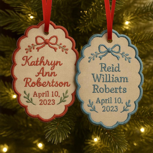 Bow Custom Embroidered Scallop Christmas Ornament, Baby First Christmas Baby Boy Girl Embroidered Ornament