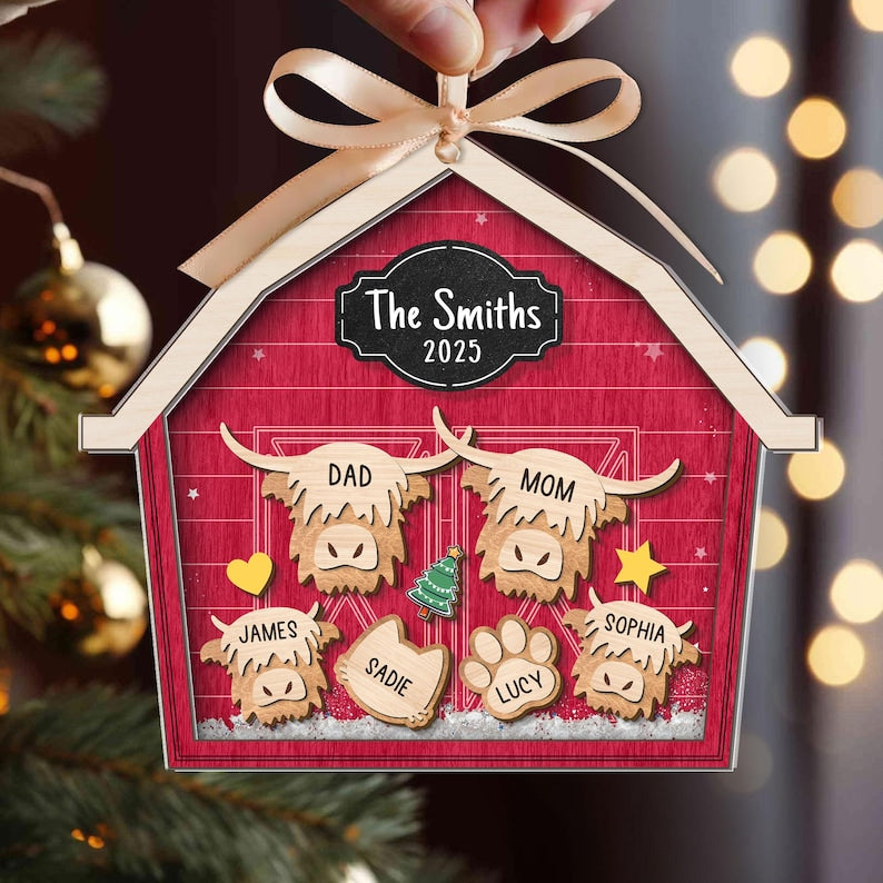 Custom Highland Cow Family Christmas Shaker Ornament 2025, Personalized Highland Cow Barn House Ornament, Family Keepsake Christmas Decor