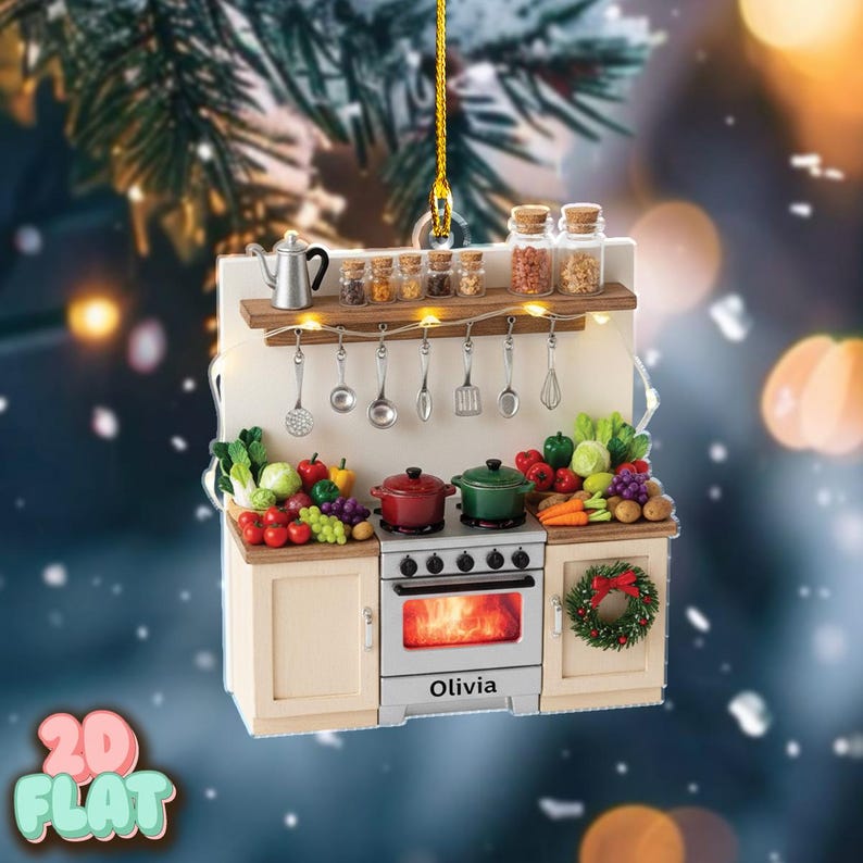 Personalized Kitchen 2D FLAT Ornament, Custom Chef Christmas Decor, Cooking Food Lover Gift, Holiday Baking Ornament with Name, Xmas Tree