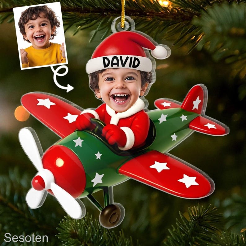Custom Kid Face Cartoon Airplane Ornament, Xmas Face Kid Ornament, Christmas Gift for Kids, Funny Baby Pilot Ornament, Baby Face Ornament