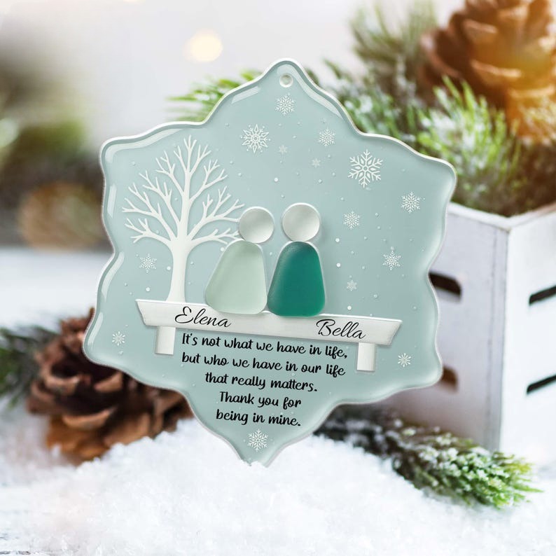 Personalized Friendship Sea Glass Acrylic 2 Layer, Best Friend Christmas Gift, Snowflake Sea Glass Friendship Ornament,Friend Christmas Gift