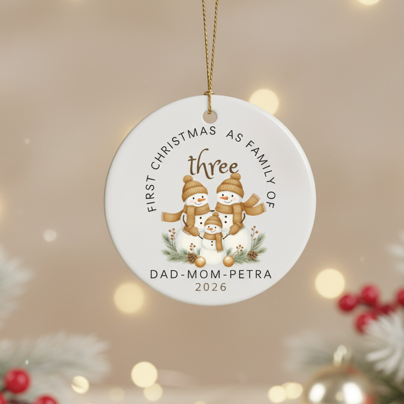 Personalized Family of Three Christmas Ornament, First Christmas, Ceramic