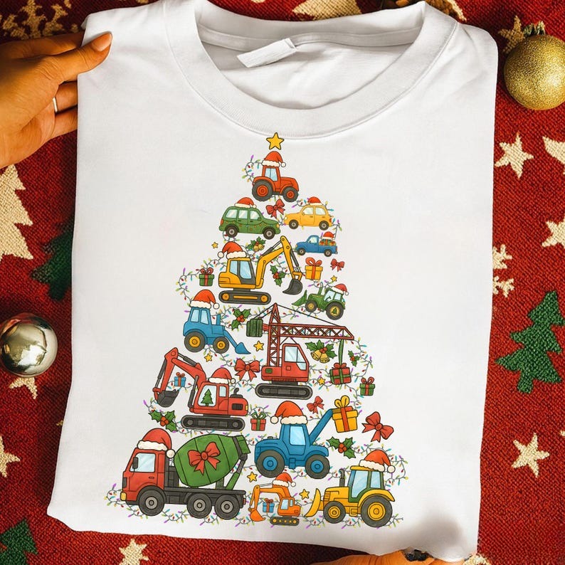 Construction Truck Christmas Shirt, Christmas Tree Cars Shirt, Boys Xmas Shirt, Cute Kids Truck Shirt, Holiday Gift For Boys