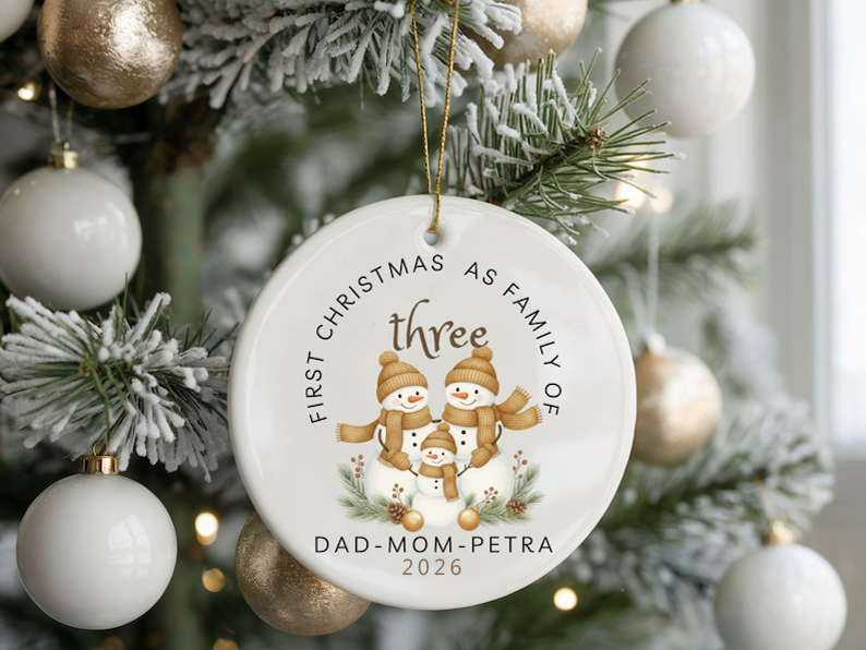 Personalized Family of Three Christmas Ornament, First Christmas, Ceramic