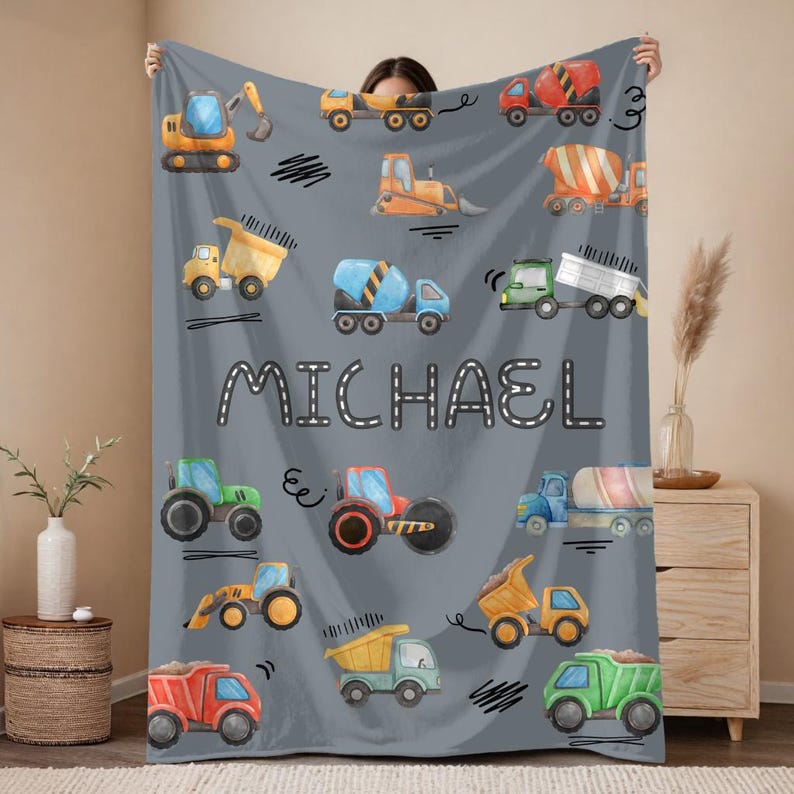 Personalized Construction Blanket for Kids Custom Name Blanket, Embroidered Truck Blanket, Velveteen or Sherpa Throw, Boys Bedroom Decor