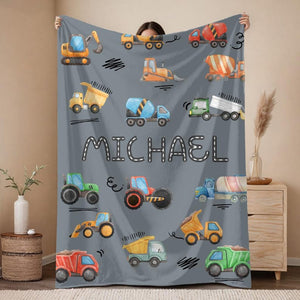 Personalized Construction Blanket for Kids Custom Name Blanket, Embroidered Truck Blanket, Velveteen or Sherpa Throw, Boys Bedroom Decor