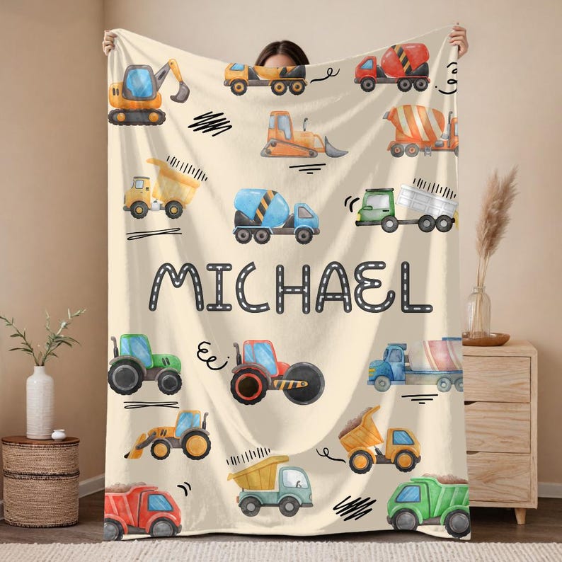 Personalized Construction Blanket for Kids Custom Name Blanket, Embroidered Truck Blanket, Velveteen or Sherpa Throw, Boys Bedroom Decor