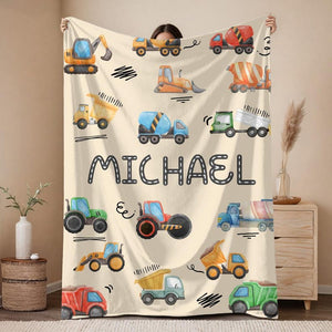Personalized Construction Blanket for Kids Custom Name Blanket, Embroidered Truck Blanket, Velveteen or Sherpa Throw, Boys Bedroom Decor