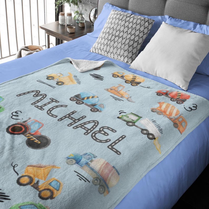 Personalized Construction Blanket for Kids Custom Name Blanket, Embroidered Truck Blanket, Velveteen or Sherpa Throw, Boys Bedroom Decor