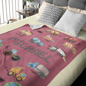 Personalized Construction Blanket for Kids Custom Name Blanket, Embroidered Truck Blanket, Velveteen or Sherpa Throw, Boys Bedroom Decor
