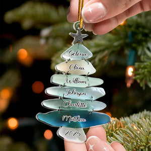 2D Flat Personalized Sea Glass Family Tree Ornament, Custom Big Family Name Acrylic Christmas Tree, Sea Glass Holiday Keepsake, Family Gift