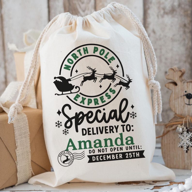 Santa Sack Personalized with Name, Gifts For Kids, Custom Christmas Gift for Kids, Personalized Christmas Sack with Strap Drawstring Closure
