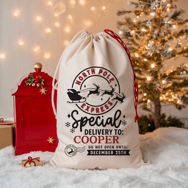 Santa Sack Personalized with Name, Gifts For Kids, Custom Christmas Gift for Kids, Personalized Christmas Sack with Strap Drawstring Closure