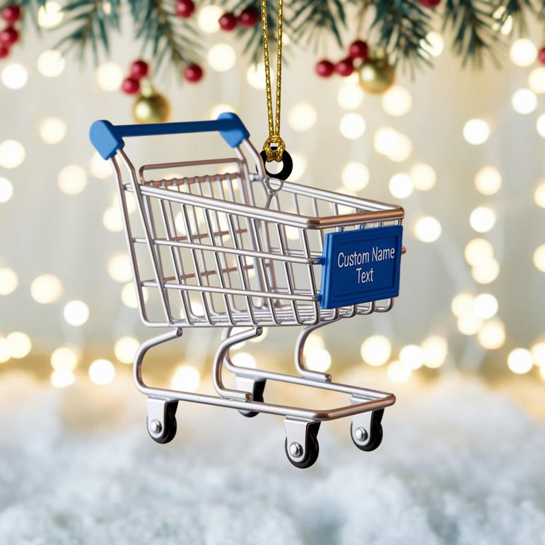 Custom Shopping Cart Christmas Ornament, Tree Hanging Decor, Flat 2D Acrylic, Personalized Retail Worker Gift for Husband Holiday Keepsake