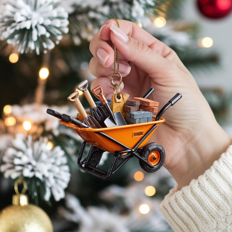 Custom Wheelbarrow Christmas Ornament, Tree Hanging Decor, Flat 2D Acrylic, Personalized Handyman Gift for Husband Holiday Keepsake 2025