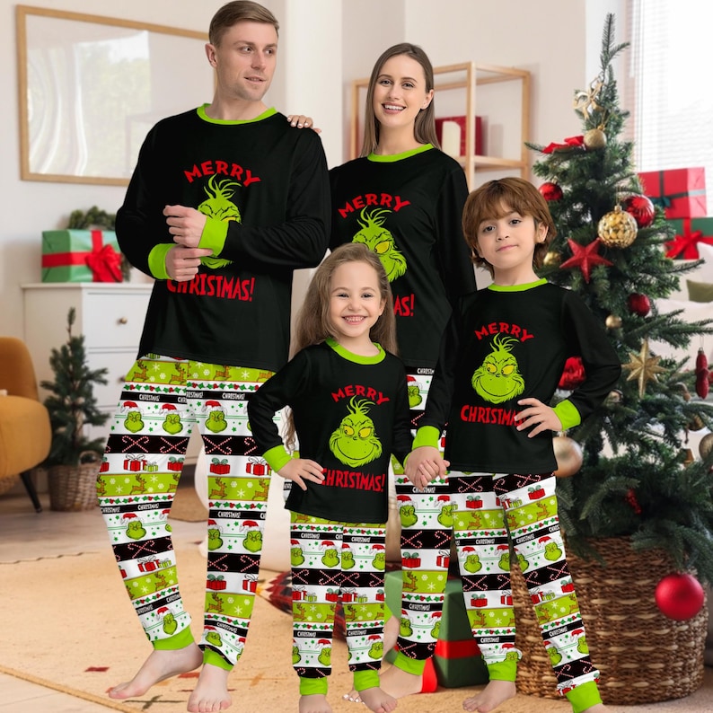Grinch Family Matching Christmas Pajamas Set Holiday Sleepwear for Kids & Adults, Funny Xmas PJs, , Grinch PJs, Matching Holiday PJs