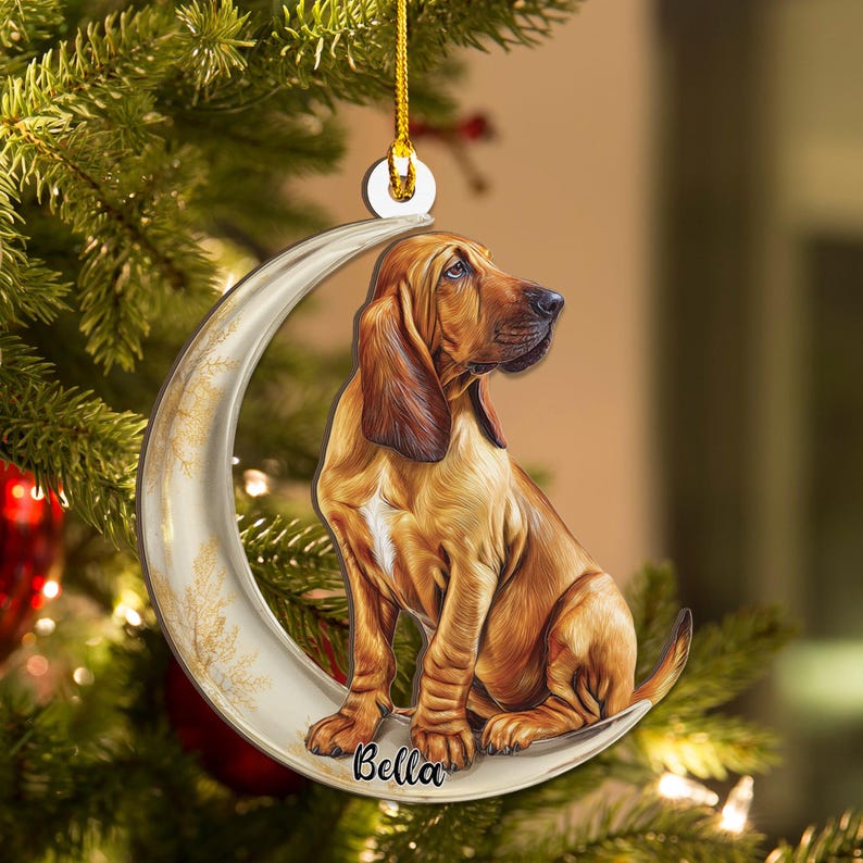 Personalized Bloodhound Dog on Moon Ash Plywood Ornament Flat 2D Cutout Holiday Tree Decor Gift Pet Lovers, Families, Puppy Keepsake