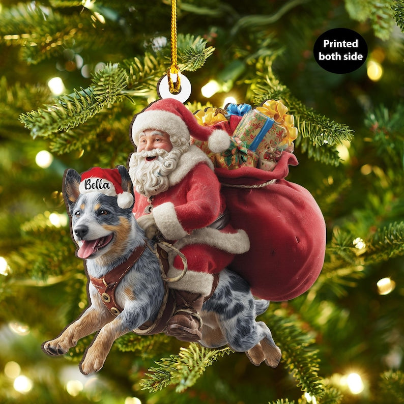 Personalized Heeler Dog and Santa Christmas Wood Ornament, Flat 2D Holiday Tree Decor Gift for Dog Lovers, Families Pet Keepsakef