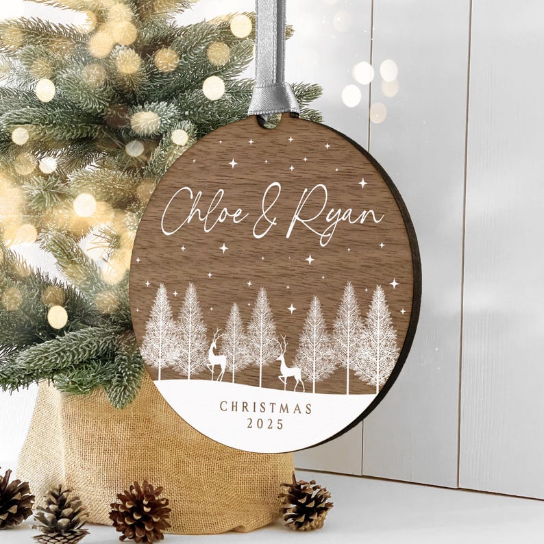 Personalised Wooden Couples Christmas Ornament Bauble, Keepsake Christmas Decoration for Girlfriend or Boyfriend