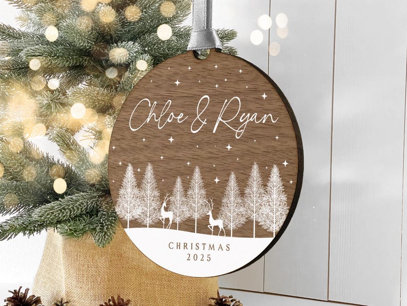 Personalised Wooden Couples Christmas Ornament Bauble, Keepsake Christmas Decoration for Girlfriend or Boyfriend