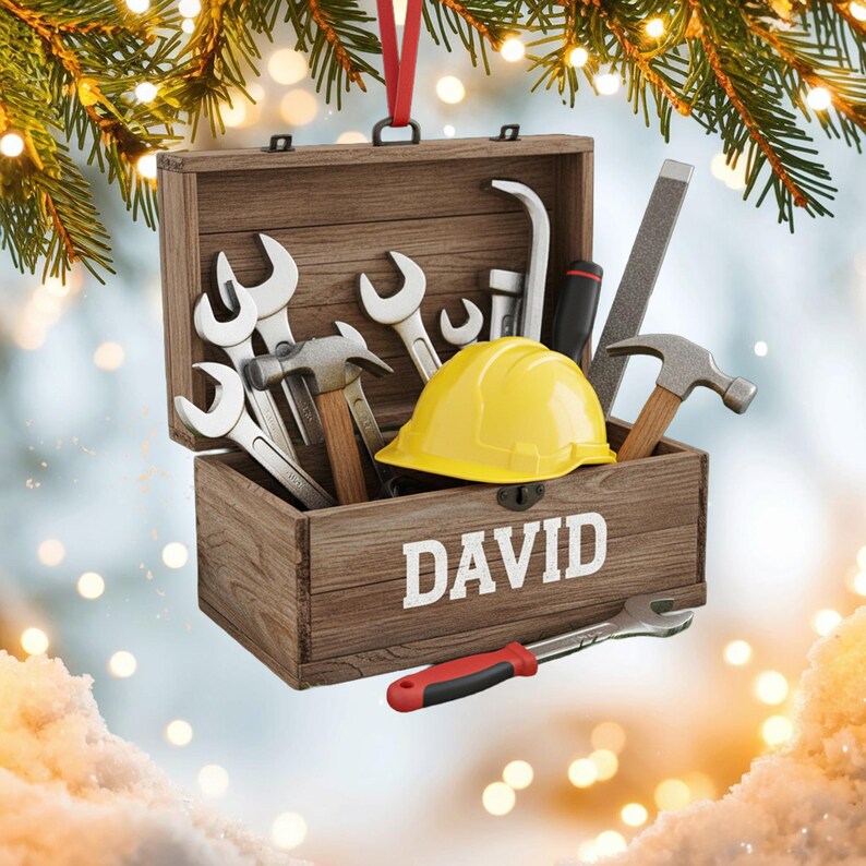 Custom Toolbox Christmas Ornament, Tree Hanging Decor, Flat 2D Acrylic, Personalized Handyman Gift for Husband Holiday Keepsake 2025